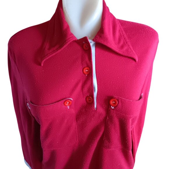 Vintage Women's Boho Top 1970's Red Long Sleeve Polo Collar & Waist Tie Hippy - Picture 1 of 5